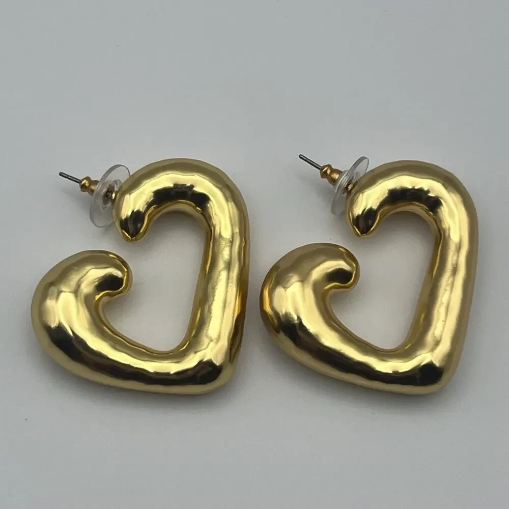 J Crew Heart Hoop Earrings in Shiny Matte Gold Puffy Statement